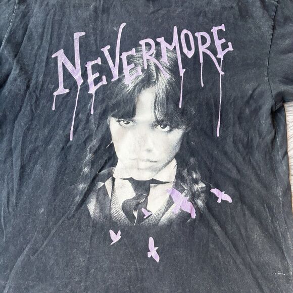 WEDNESDAY Addams Family Nevermore T-Shirt Sz S Adult Black Purple Graphic Unisex - Picture 2 of 8